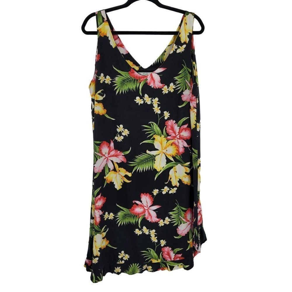 Vtg 80s Black Hawaiian Two Palms Tropical Mini Dress‎ Sz XL Ruffle Floral Beach